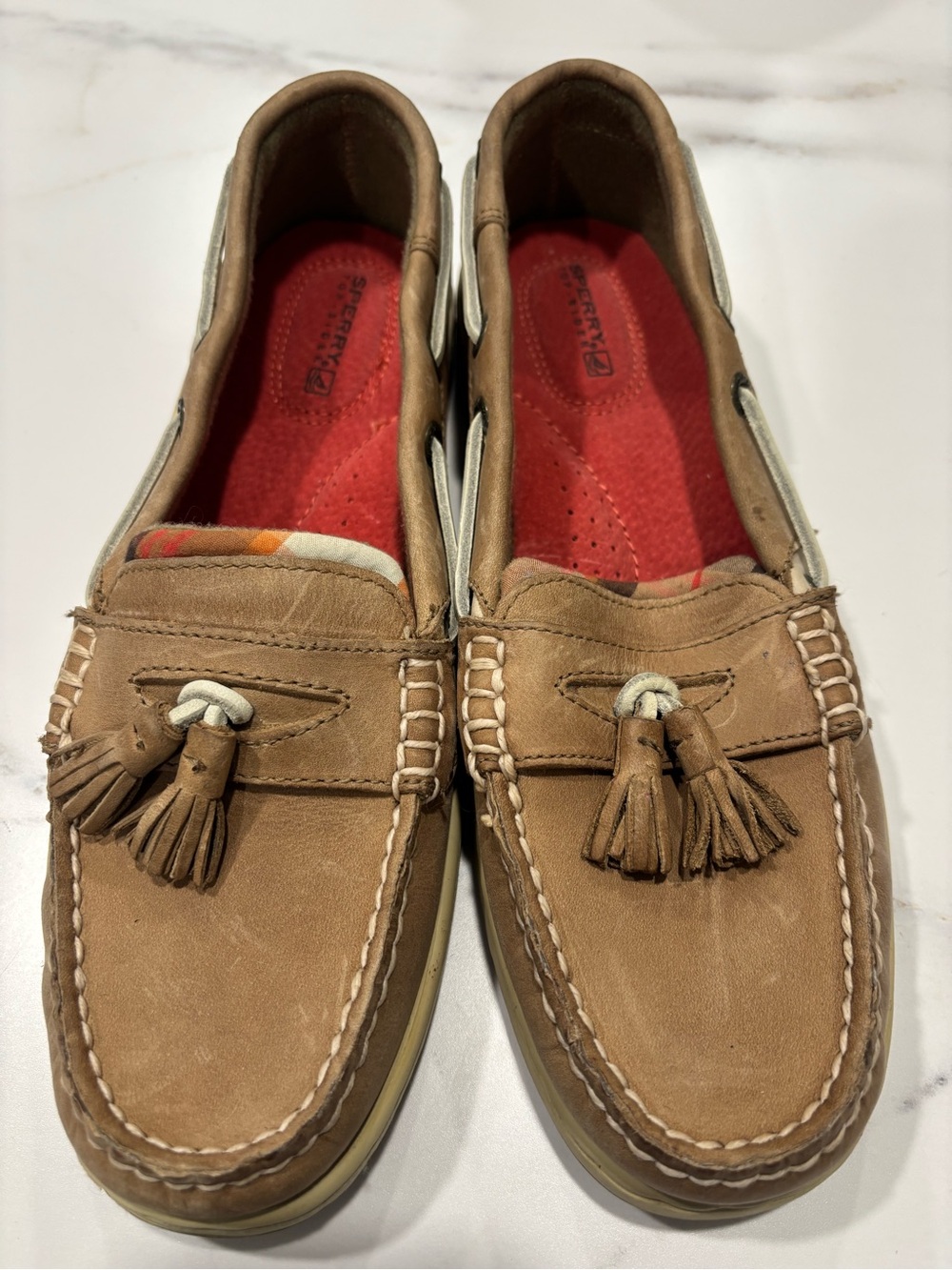 Sperry Tan Leather Tassel Boat Loafers with Red Insole